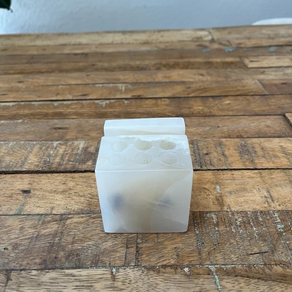 Vintage White Onyx Marbled Stone Desk Organizer 6 Pencil Holes & a Card Slot